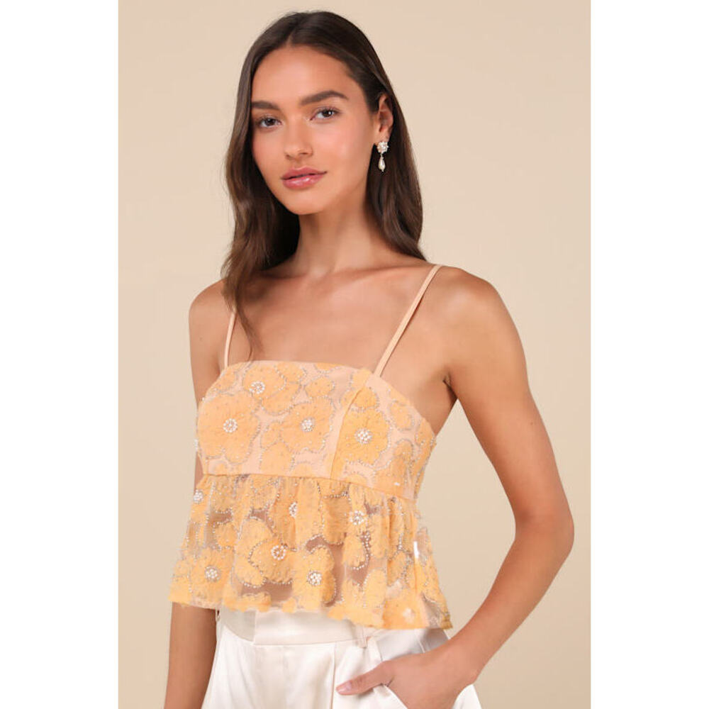 Lulus Ideal Attitude Yellow Applique Beaded Floral Cropped Tank Top - Size L